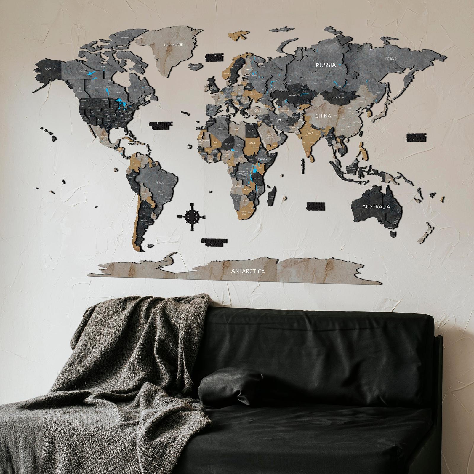 Drevená 3D mapa sveta s efektom kameňa - DREVTEX