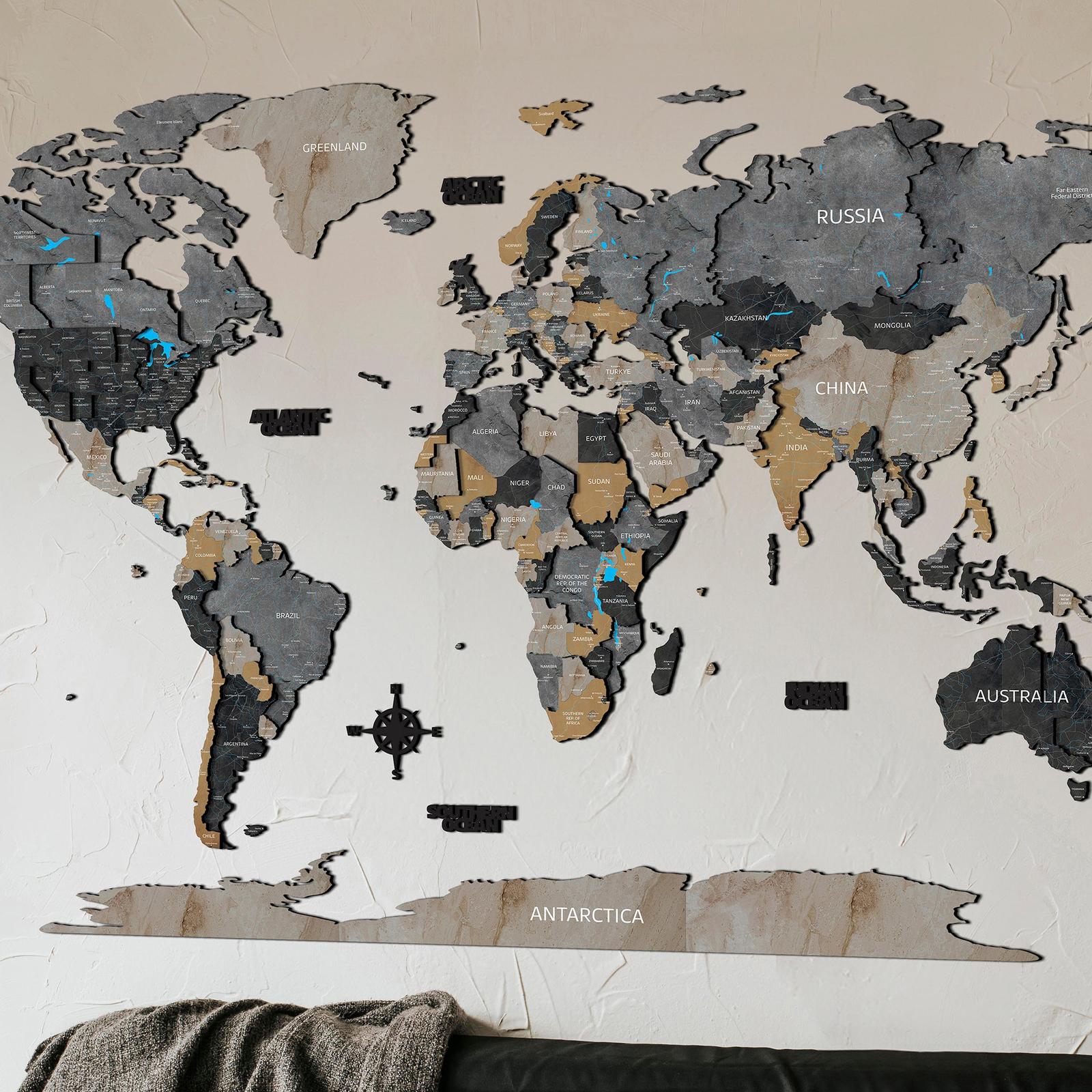 Drevená 3D mapa sveta s efektom kameňa - DREVTEX