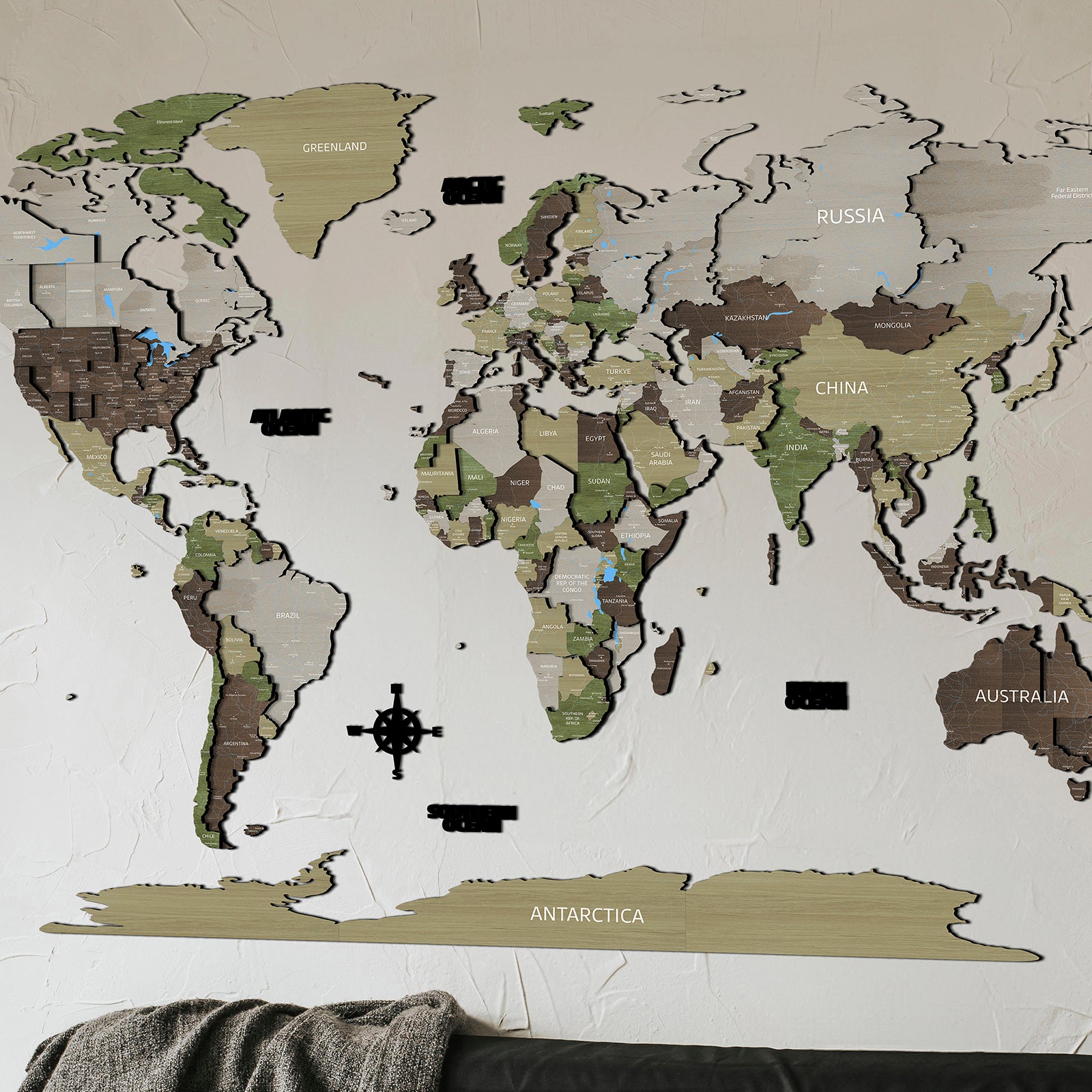 Drevená Mapa Sveta 3D KHAKI