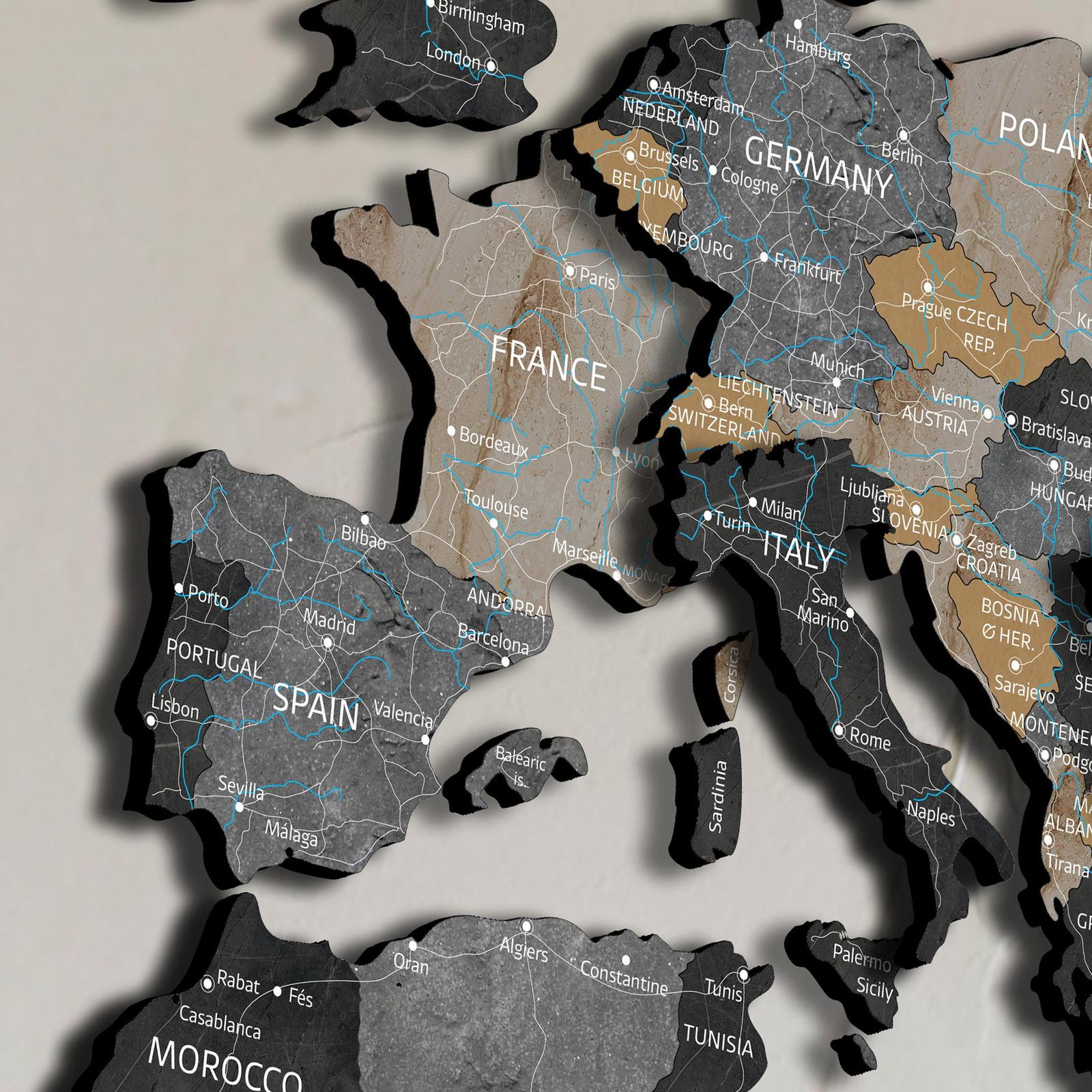 Drevená 3D mapa sveta s efektom kameňa - DREVTEX