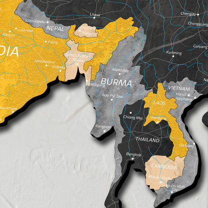 Drevená 3D mapa sveta žltá