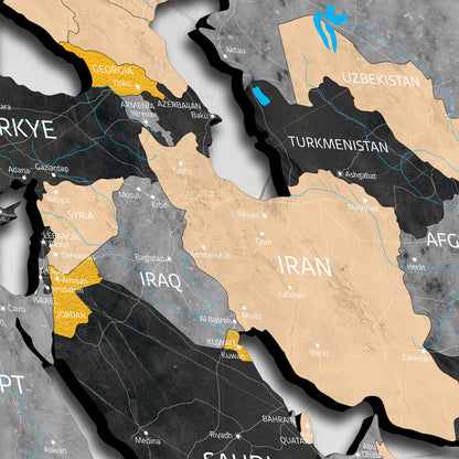 Drevená 3D mapa sveta žltá