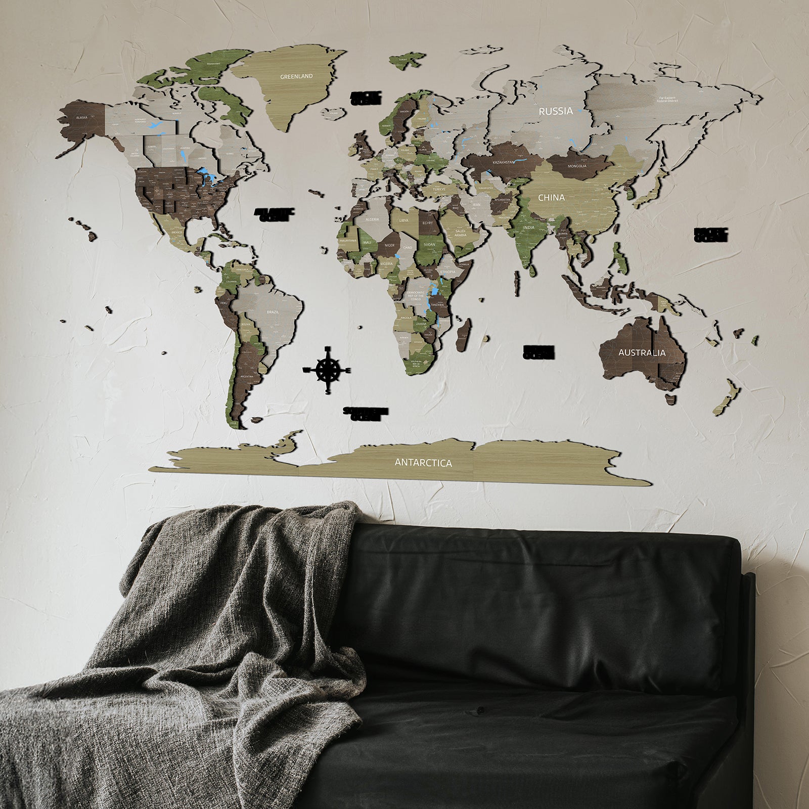 Drevená Mapa Sveta 3D KHAKI