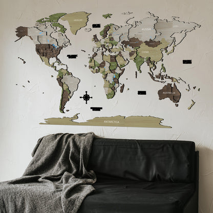 Drevená Mapa Sveta 3D KHAKI