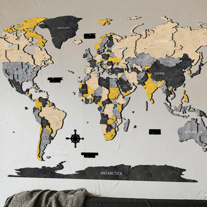 Drevená 3D mapa sveta žltá